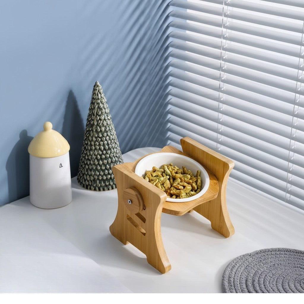 Aurex Bamboo Bowl Stand — 3 Height Settings, FSC Moso Bamboo, Ceramic Bowl, Small Dogs