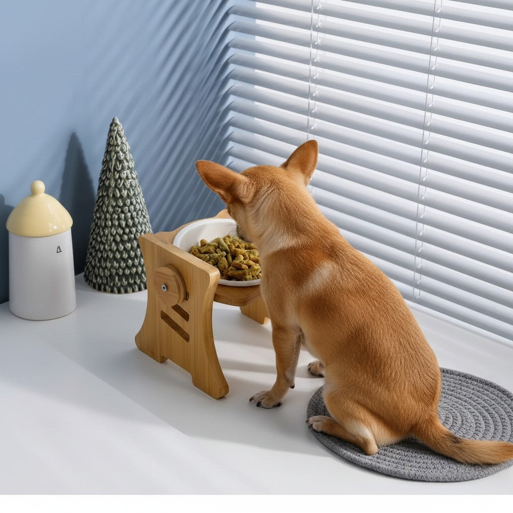 Aurex Bamboo Bowl Stand — 3 Height Settings, FSC Moso Bamboo, Ceramic Bowl, Small Dogs